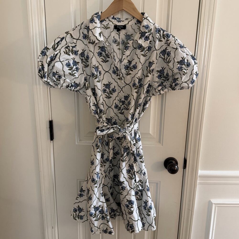 MSK Women's Blue Green Floral Mini Dress Tie Belt Puff Sleeve Size XL